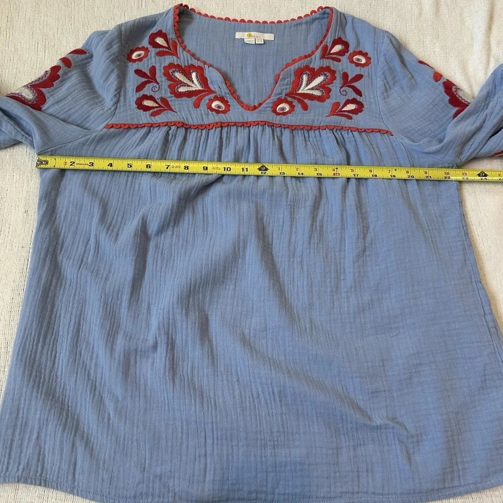 Boden Boho Embroidered Blouse Sz 12 Blue Red 3/4 Balloon Sleeve Cotton Peasant - Picture 12 of 13